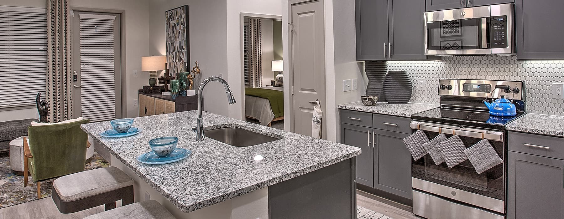kitchen with an island, ample counter space and modern appliances